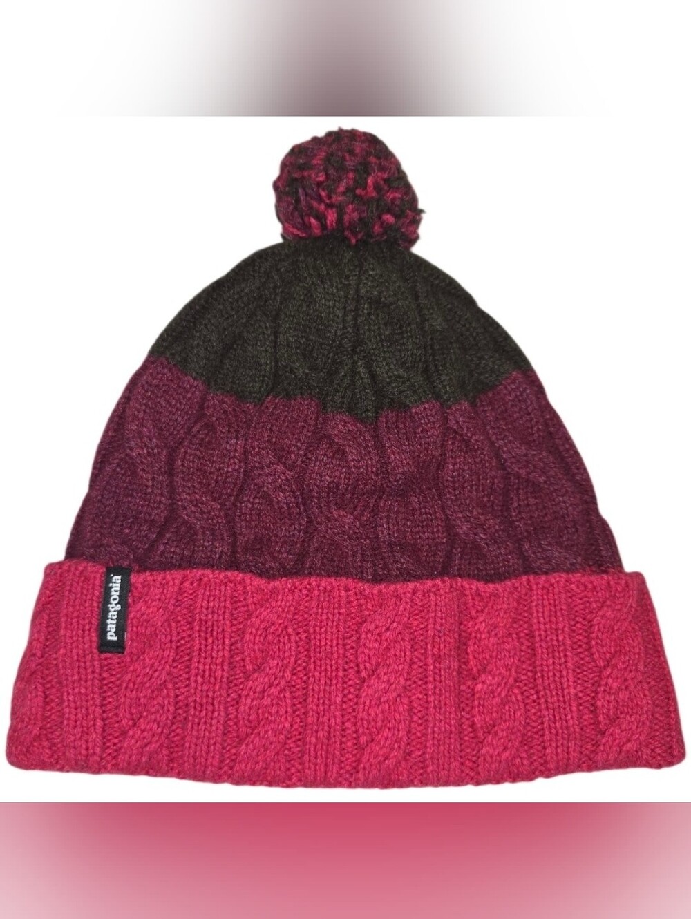 Patagonia Cable Knit Pom Pom Beanie Hat Pink Burgundy Black Fleece Lined OS